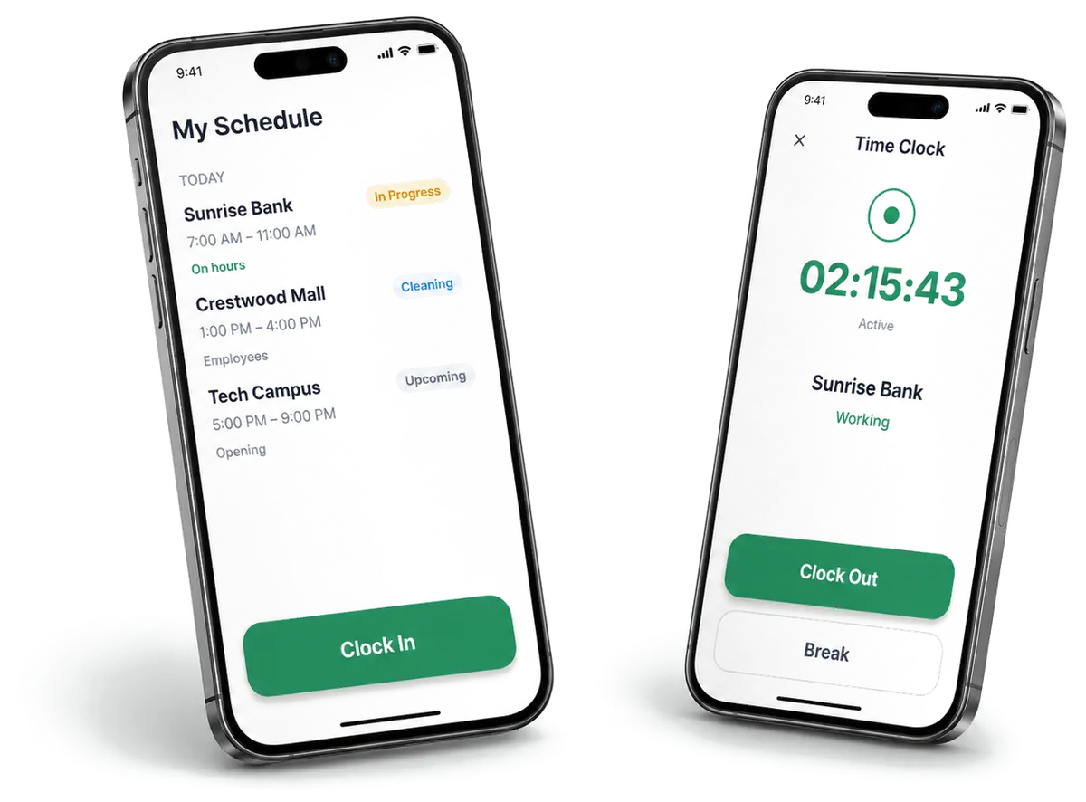 JanitorIQ mobile app โ My Schedule and Time Clock screens